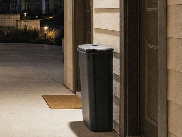 Example photo: a lidded trash container at an apartment door after dark