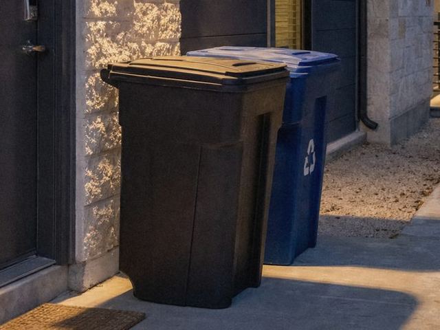 Example photo: a trash container and a blue recycling container at an apartment door